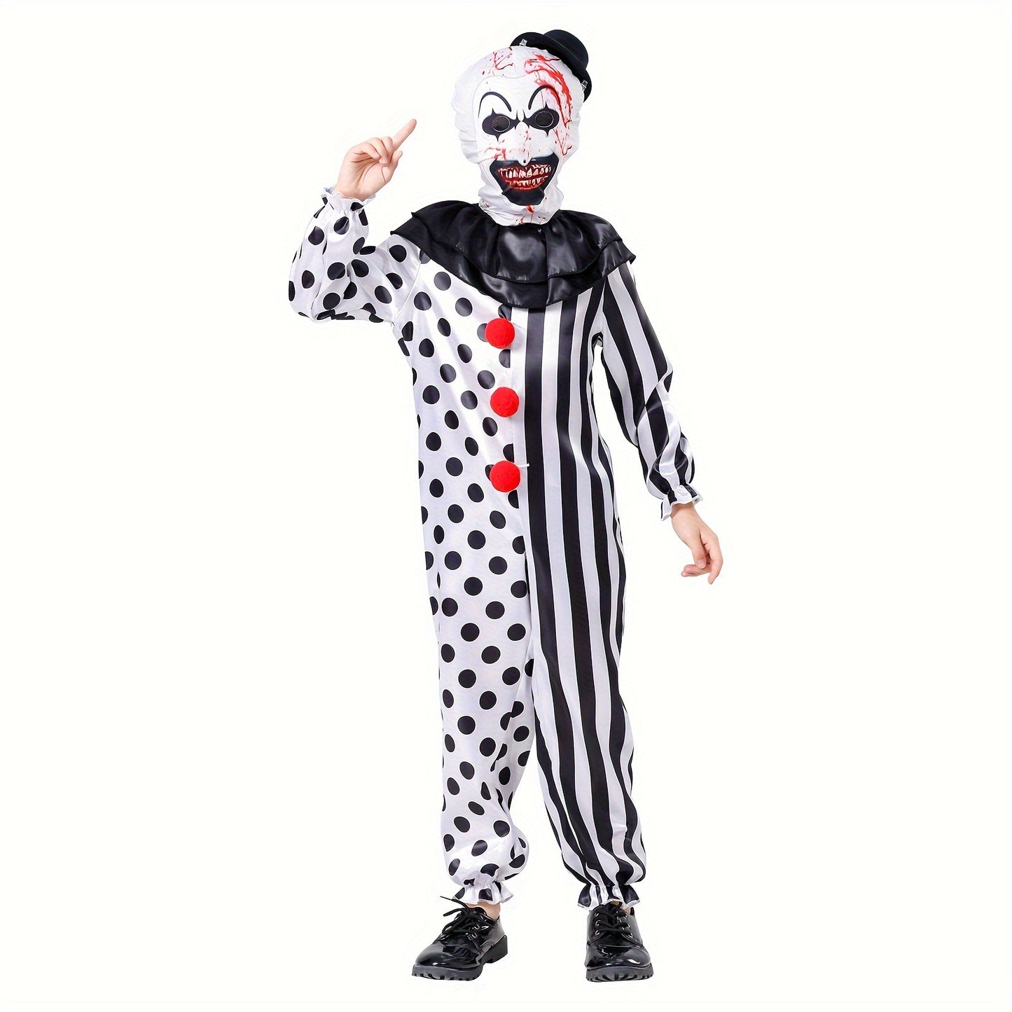 Neutral Children's Clown Costume Jumpsuit, Black And White Halloween Costume, Role-playing With Mask Hat