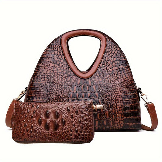 2-Piece Set PU Leather Handbag & Clutch Zipper Purse, Crocodile Embossed, Fashion Commuter Bags