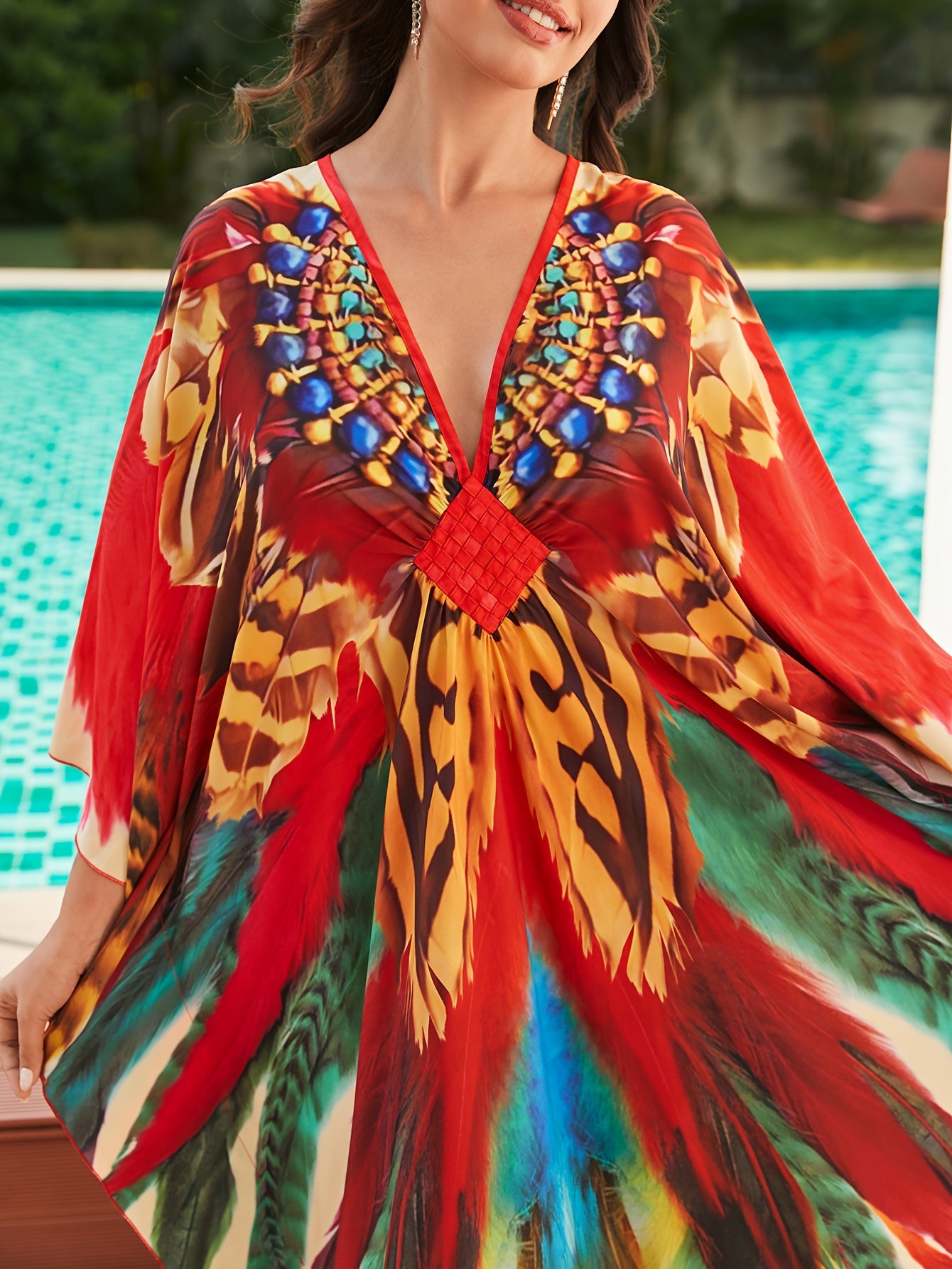 Women's Boho Style Cover Up, Plus Size Feather Print V Neck Loose Fit Comfy Beach Kaftan Dress