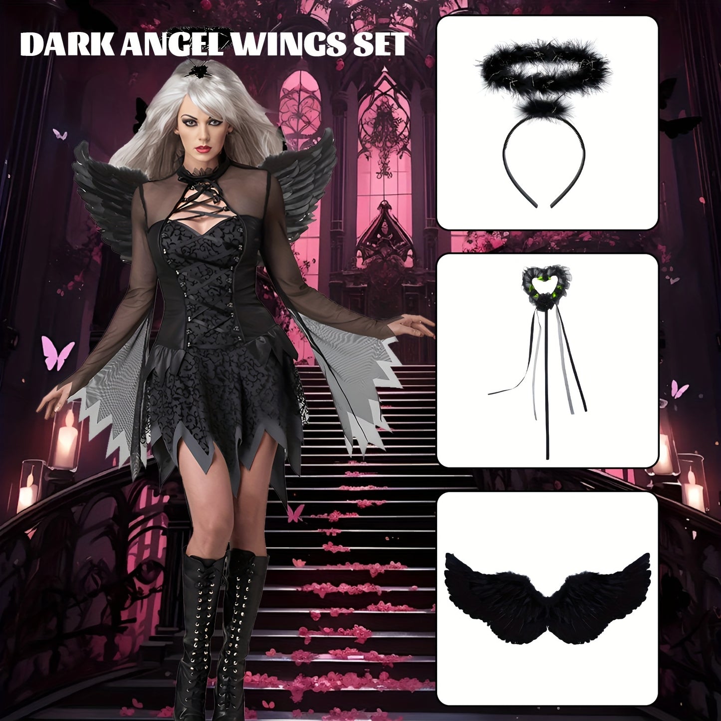 Fallen Angel Costume Set for Women - 4pcs Halloween Outfit with Black Fairy Wings, Halo Headband, Heart Wand & Collar - Perfect for Masquerade Parties