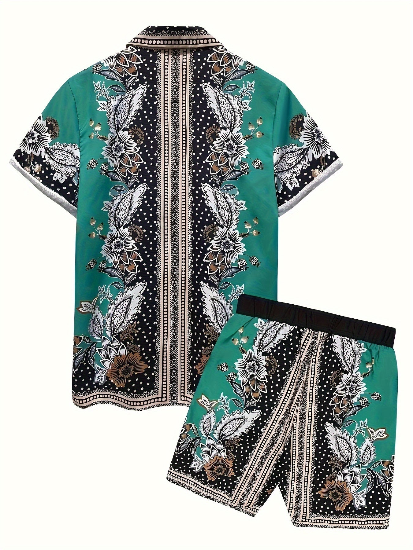 2Pcs Ethnic Style Floral Pattern Print Outfits For Men, Short Sleeve Shirt & Shorts Set For Summer