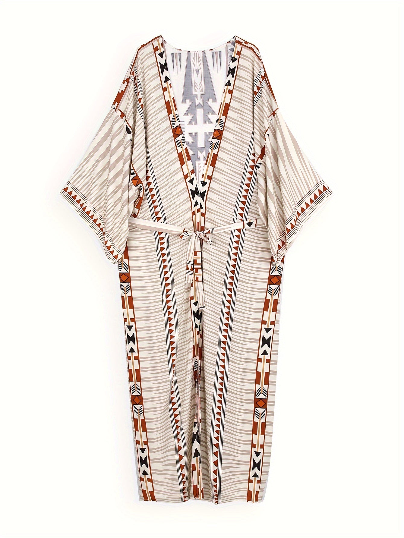 Geo Print Open Front Belted Kimono, Boho Long Sleeve Beachwear Cove Up.