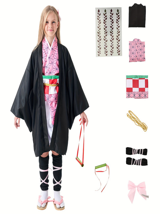 Enchanting Japanese Anime Kimono Dress Set For Kids - Perfect For Halloween & Costume Parties With Free Stickers Included