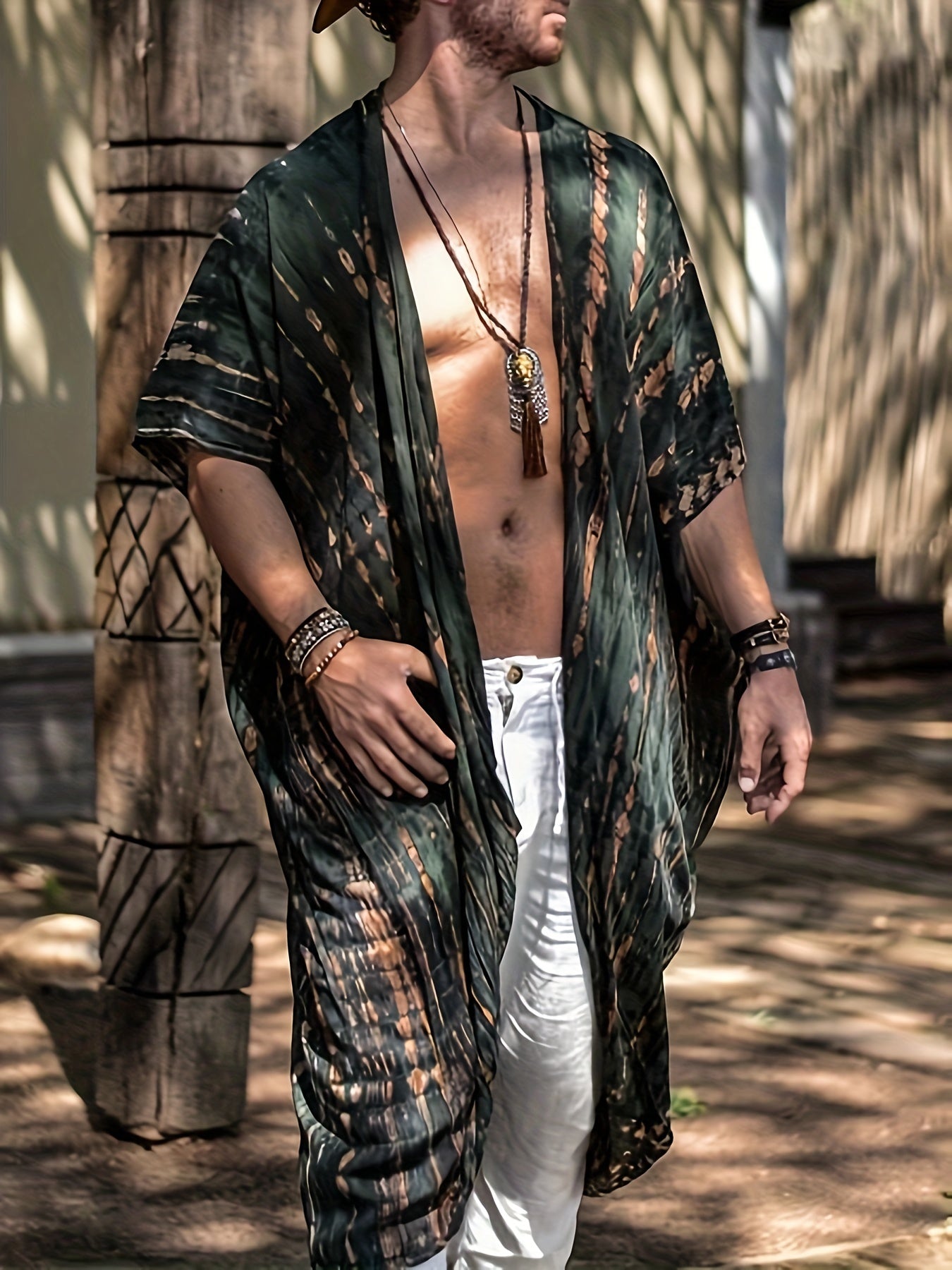 Men's Plus Size Fashion Kimono Cardigan, Bohemian Ethnic Print, Lightweight Beach Sun Protection Cover-Up, Casual Hand Shaped Pattern Print Shirt For Spring Summer Fall