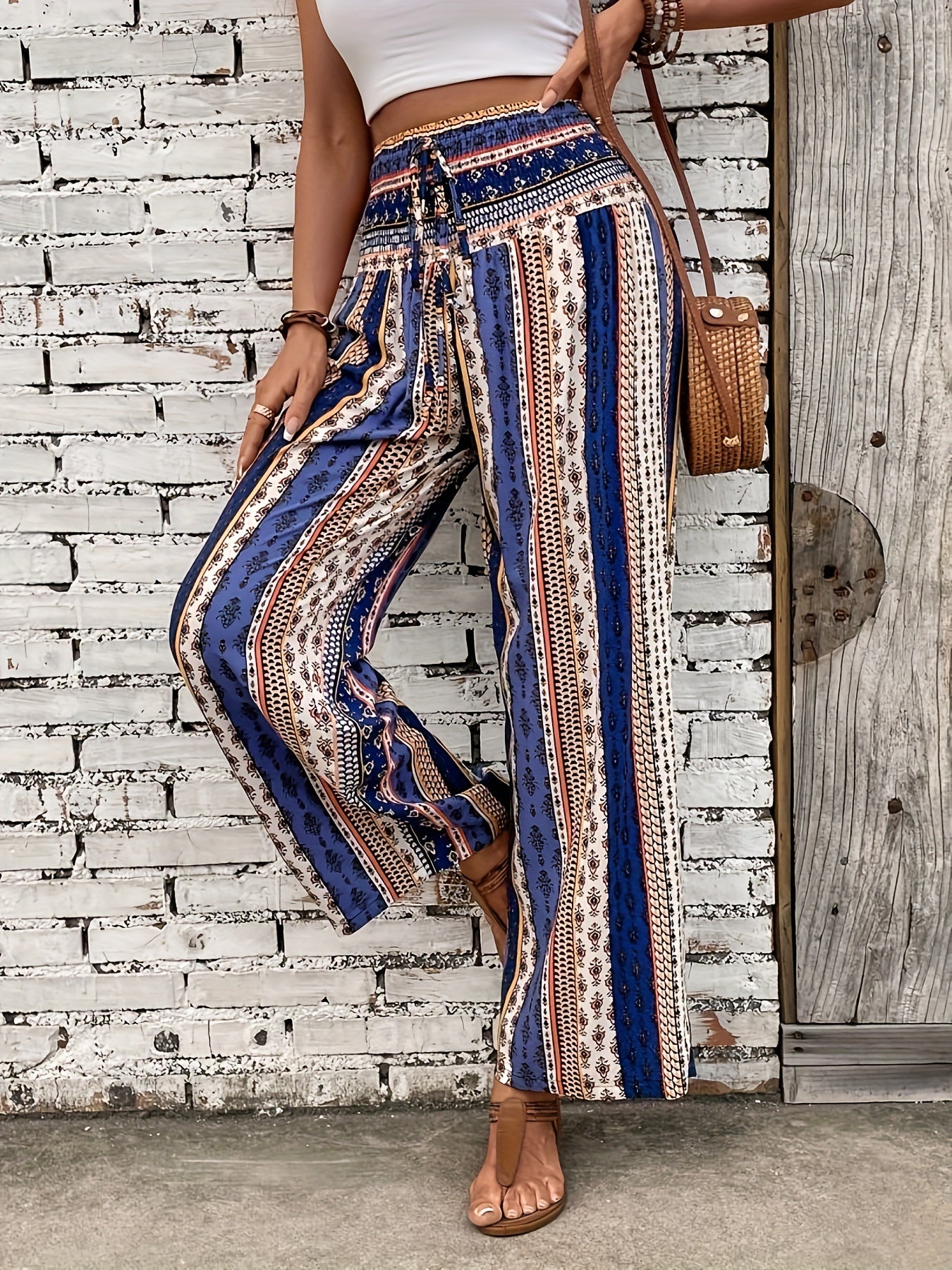 Ethnic Graphic Print Pants, Boho Shirred Waist Wide Leg Pants