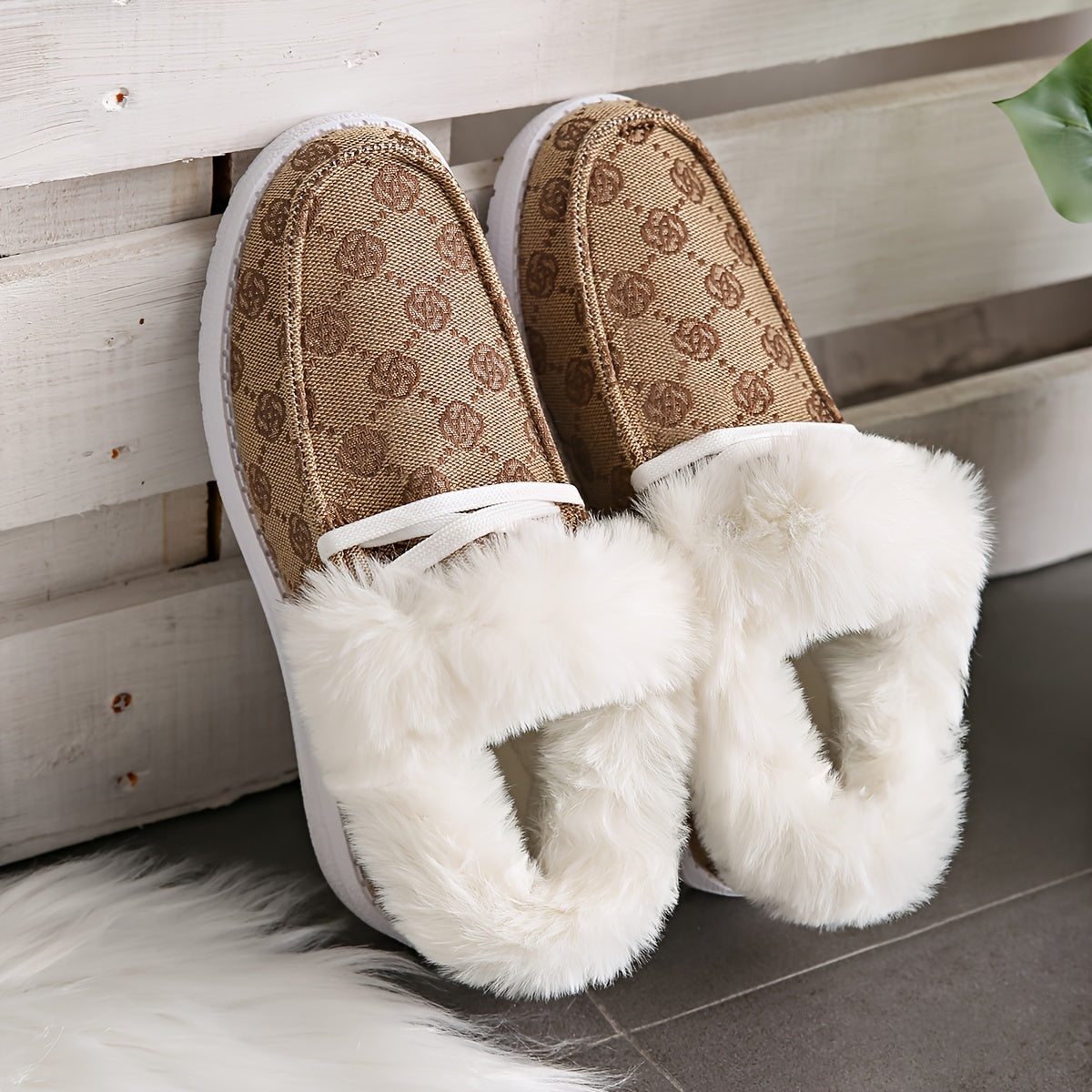 Rose Pattern Fluffy Boots - Soft Sole, Warm Thermal Lining, Non-slip, Pull On, Winter Snow Boots for Women