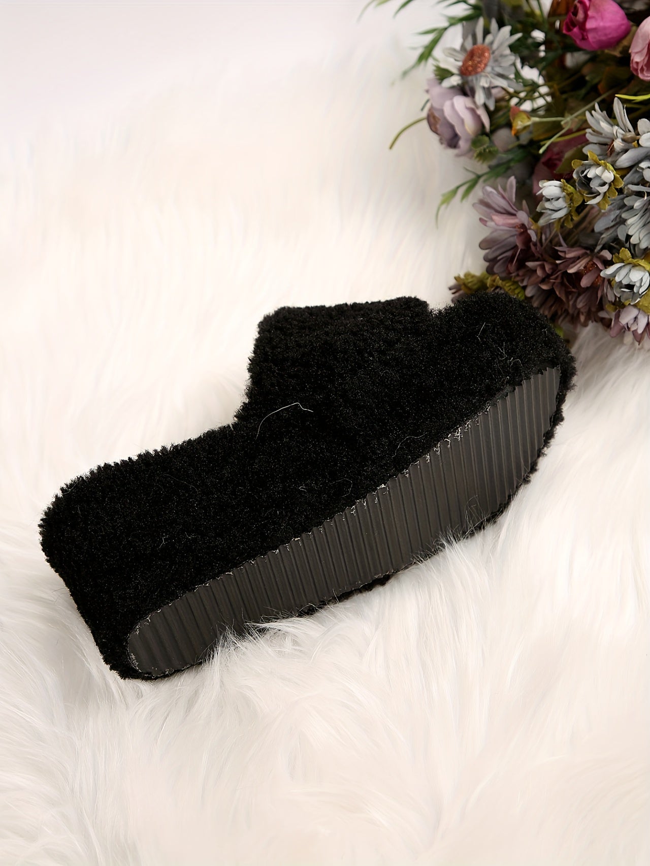 Women's Chunky Heel Thick Sole Slippers, Casual Fabric Slide Sandals with Faux Sheepskin, Solid Color, Hand Washable, All-Season Comfort