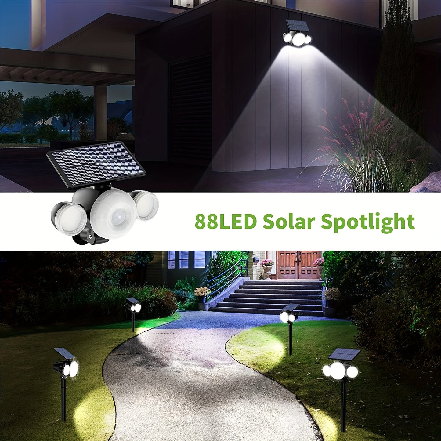 1pc Solar Outdoor Lights 88 LED, Solar Lawn Lights With Motion Sensor, 3 Adjustable Heads, 360° Lighting Wall Lights, Solar Spotlight With 2 Mounting Modes, IP65 Waterproof Solar Security Floodlight For Road Lawn Garage