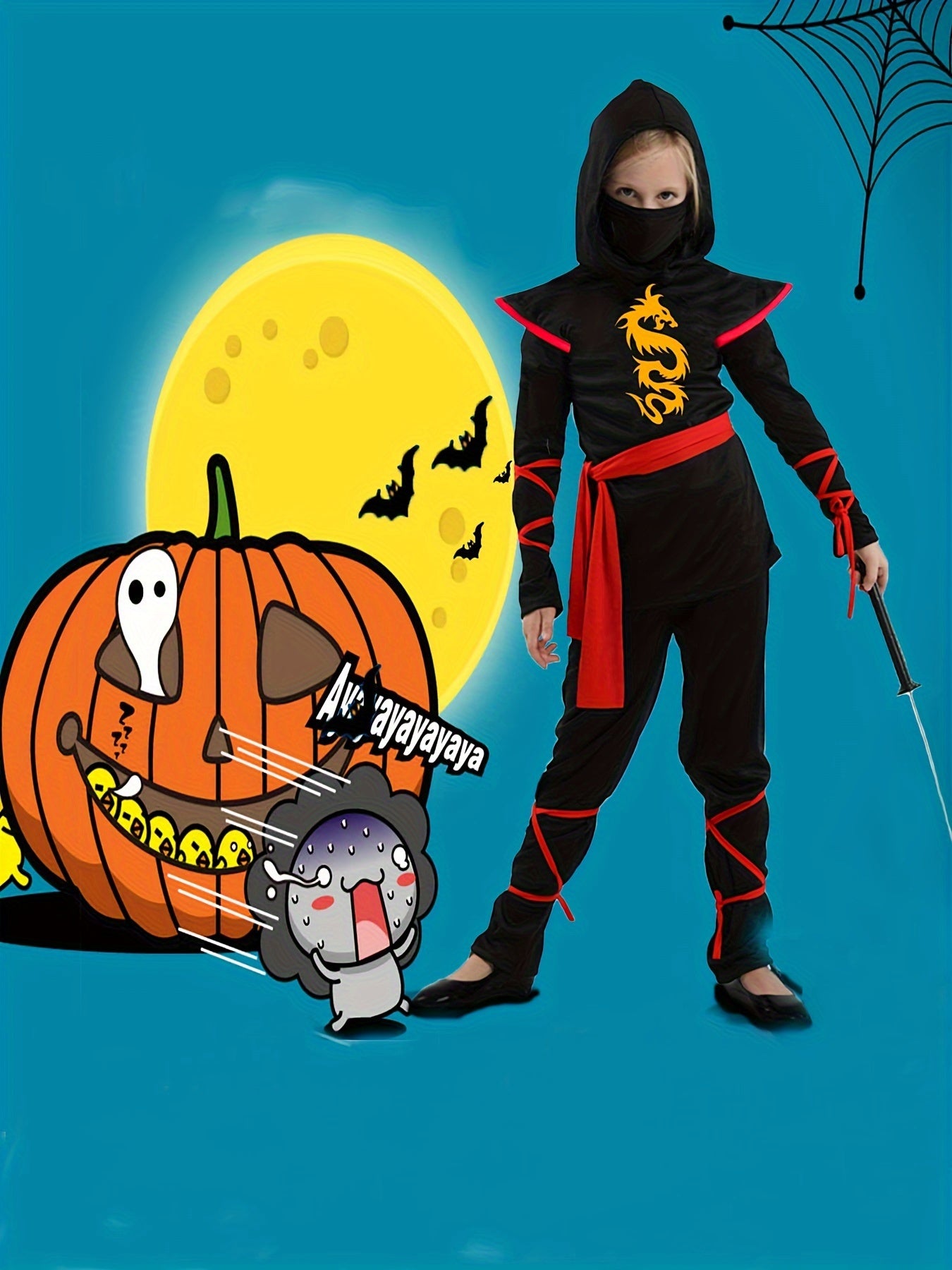 Kids Ninja Costume Set - Halloween Cosplay Ninja Outfit with Accessories for Children - Polyester and Spandex Blend Party Costume - Slight Stretch Solid Color Fabric - Woven Weave - Regular Fit for Boys and Girls Aged 3+