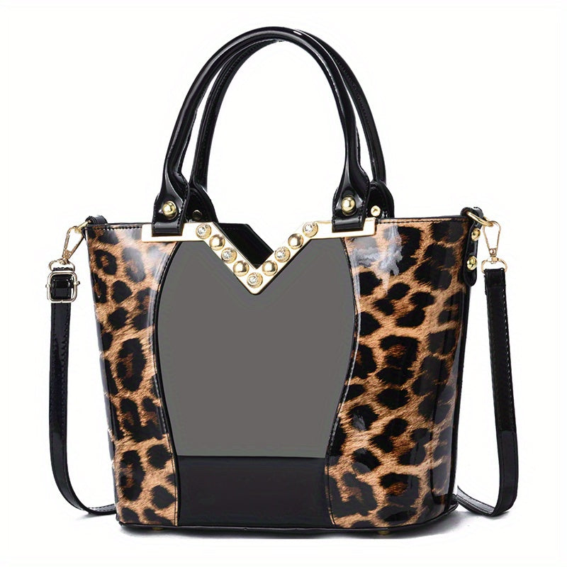 Elegant Leopard Pattern Handbag, Bright PU Leather Crossbody Bag, Fashion Double Handle Purse For Women