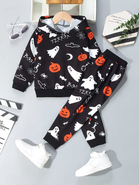 Boys' 2-Piece Halloween Outfit, Long Sleeve Hoodie and Sporty Pants Set, Cartoon Skull Print, Casual Loose Fit, Round Neck.