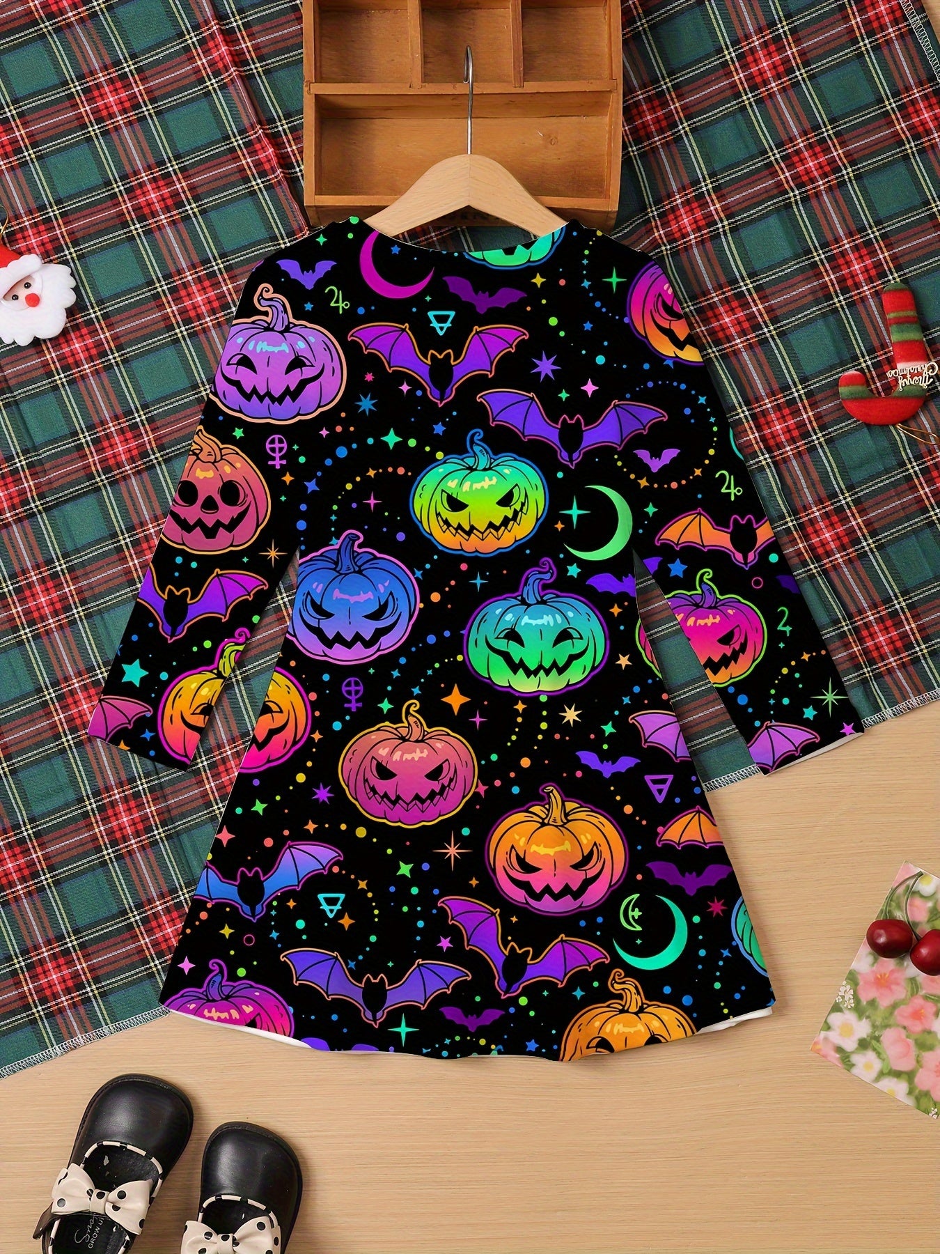 Kids' Halloween A-Line Dress - Long Sleeve 3D Printed Pumpkin Tunics, Casual Polyester Knit Fabric with Slight Stretch for Children Aged 3-12