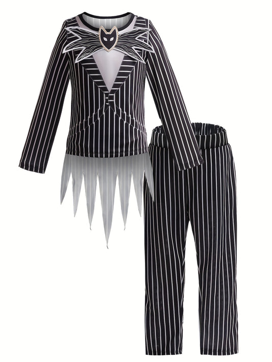 Boys' Halloween Horror Movie Costume Set - Striped Long Sleeve Top & Pants, Soft Cotton Blend, Perfect for Parties & Christmas Performances