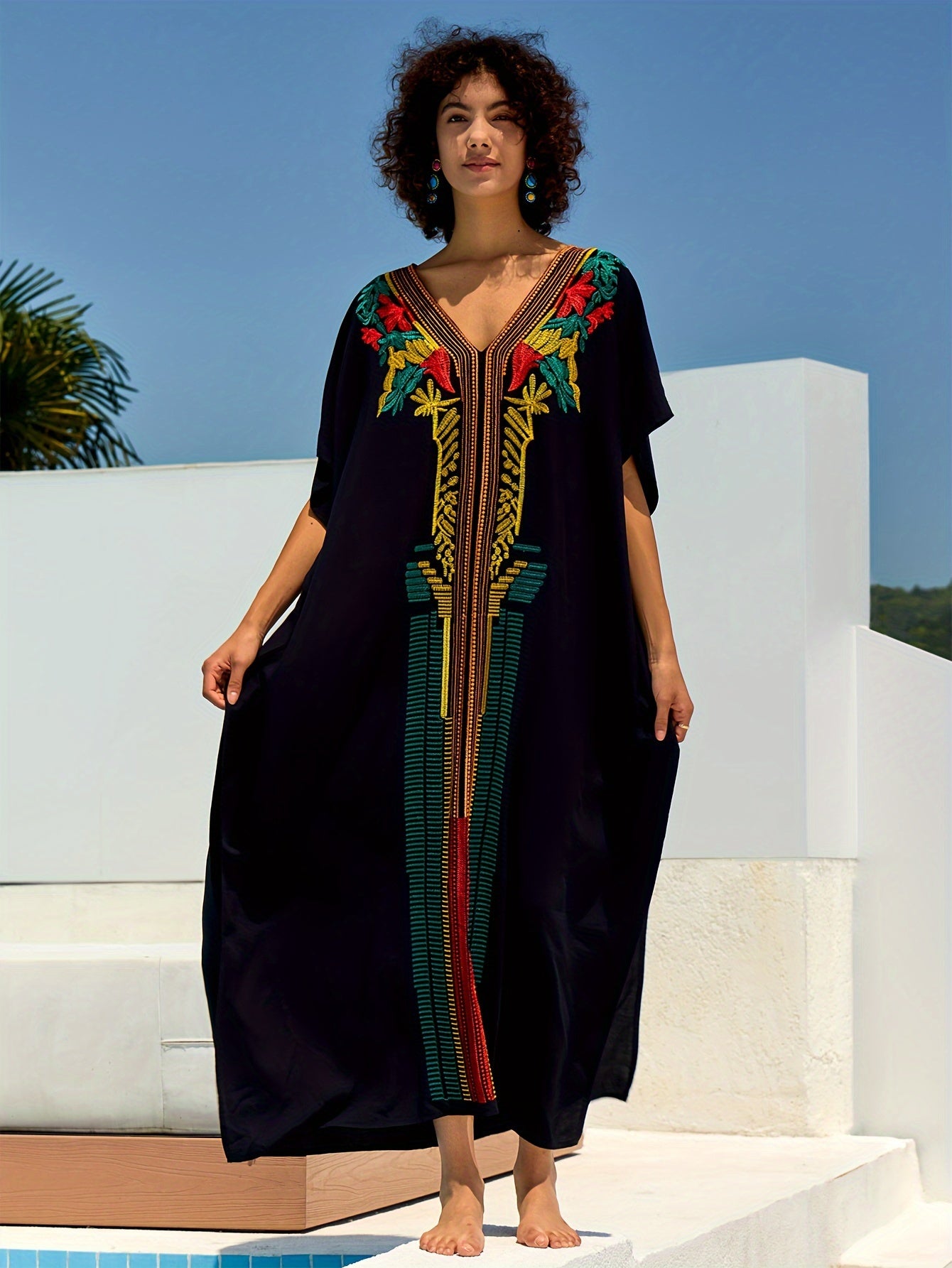 Embroidery Kaftan Dress Women Bohemian House Dress Split Thigh Beachwear Dubai Abaya