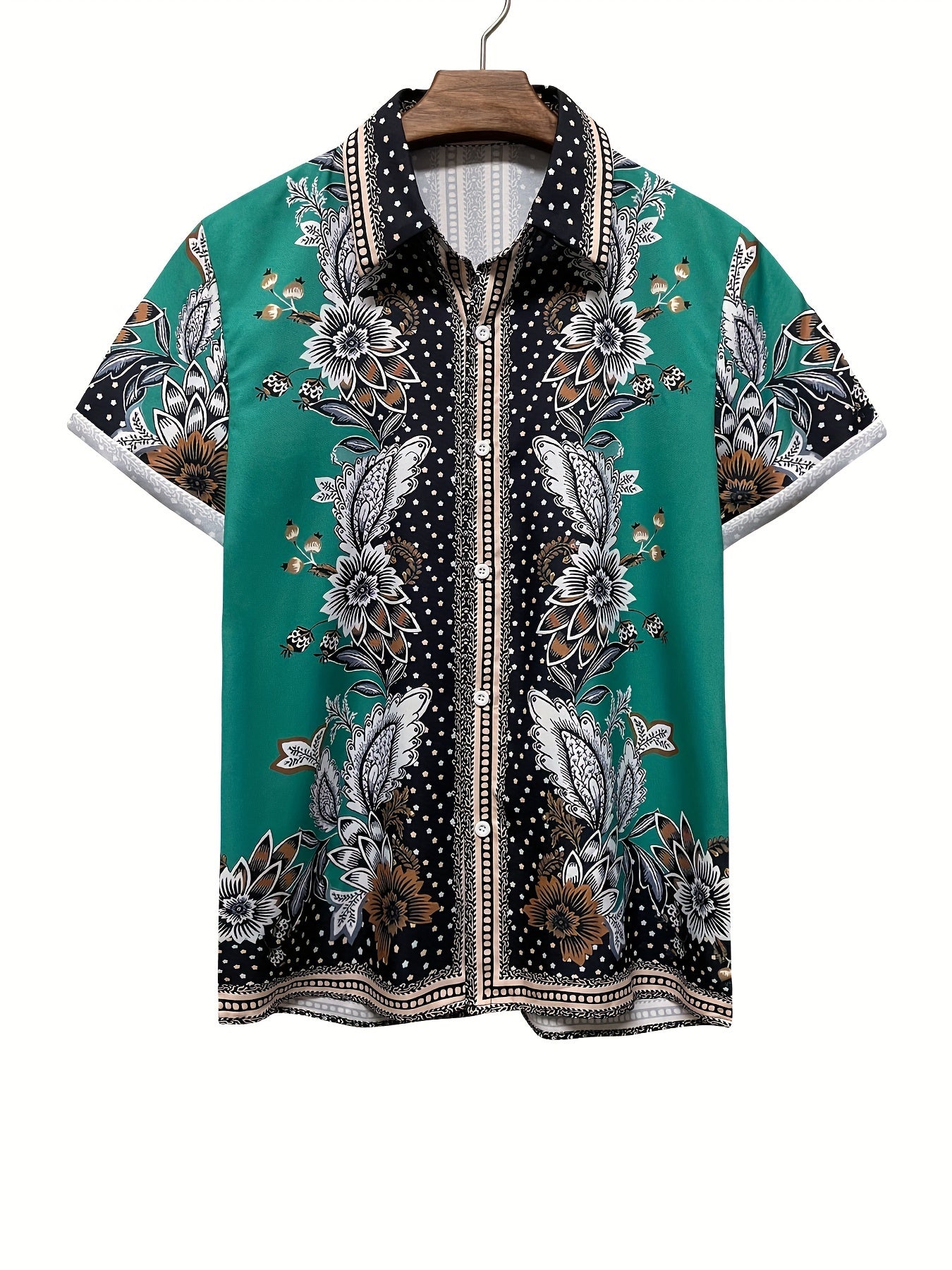 2Pcs Ethnic Style Floral Pattern Print Outfits For Men, Short Sleeve Shirt & Shorts Set For Summer