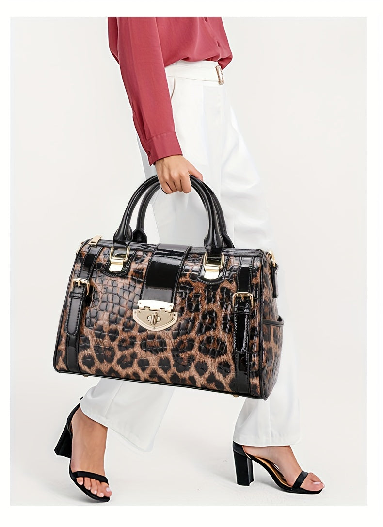 Leopard Print Handbag For Women, Crocodile Pattern Boston Bag, Luxury Genuine Leather Satchel Purse