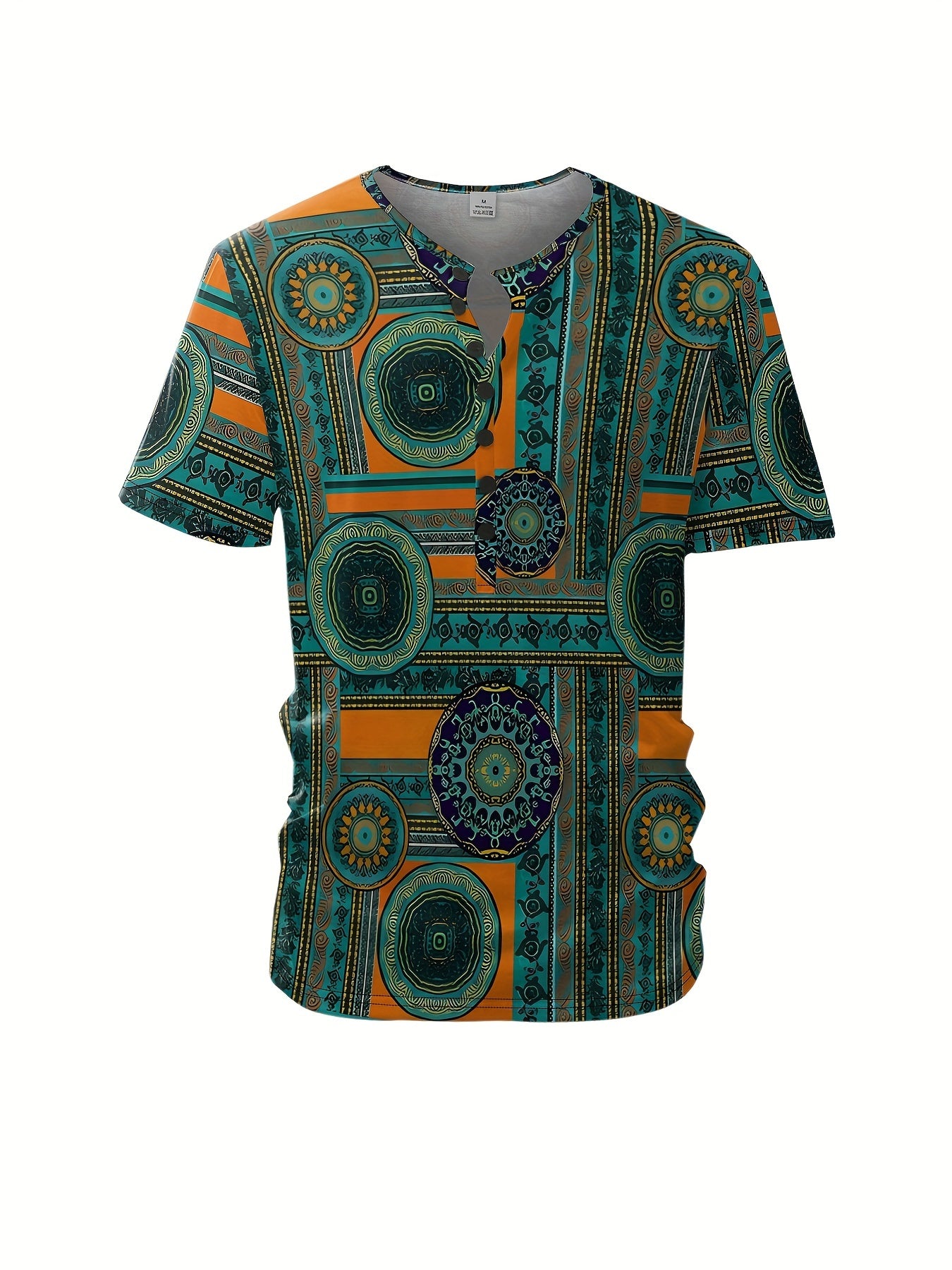 Men's Allover Bohemian Style Ethnic Pattern Henley T-shirt For Summer, Casual Breathable Short Sleeve Henley