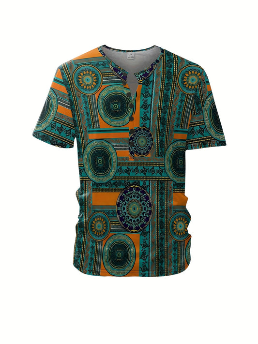 Men's Allover Bohemian Style Ethnic Pattern Henley T-shirt For Summer, Casual Breathable Short Sleeve Henley