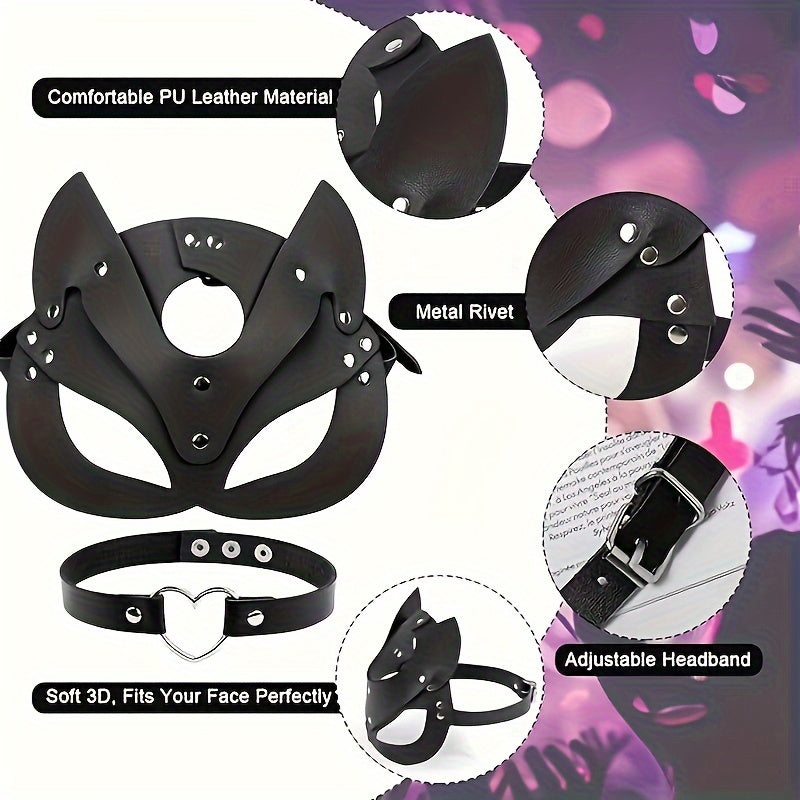 Black Leather Cat Lady Mask And Collar Set