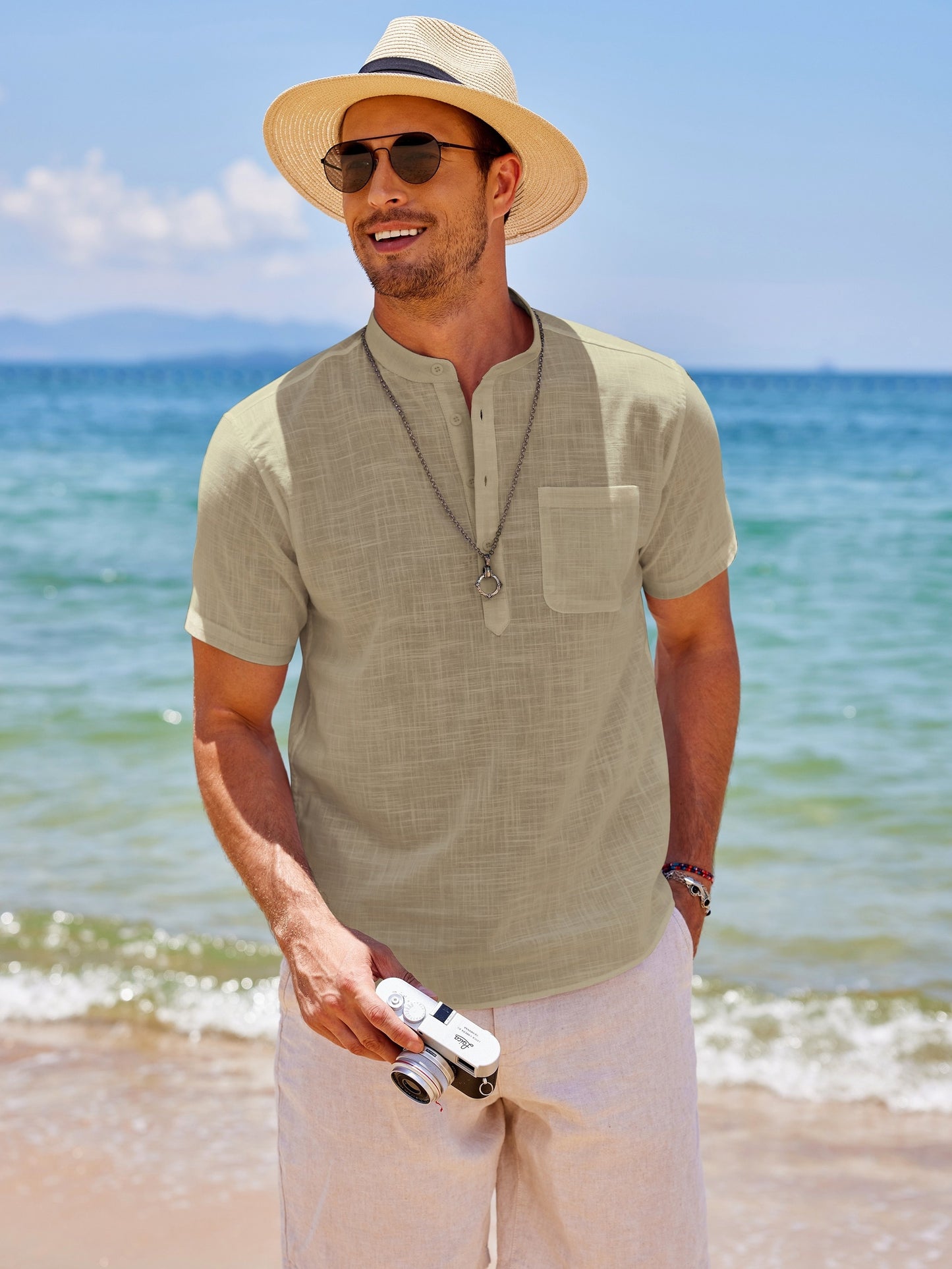 Men's Cotton Linen Henley Shirt Short Sleeve Hippie Casual Beach T-Shirts with Pocket