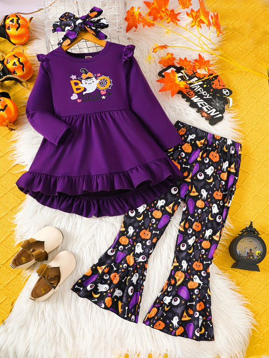 Kids' Halloween Costume Set, Long Sleeve Knit Dress And Leggings, Butterfly Tie-Up Front, Leaf Edge Hem, Autumn And Winter Outfit For Girls