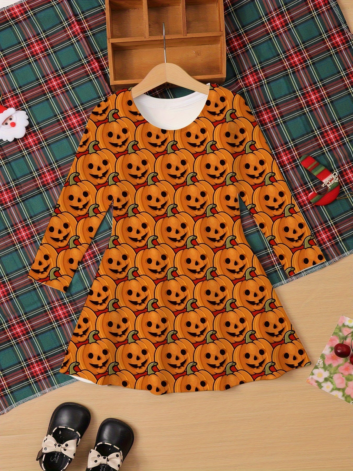 Kids' Halloween A-Line Dress - Long Sleeve 3D Printed Pumpkin Tunics, Casual Polyester Knit Fabric with Slight Stretch for Children Aged 3-12