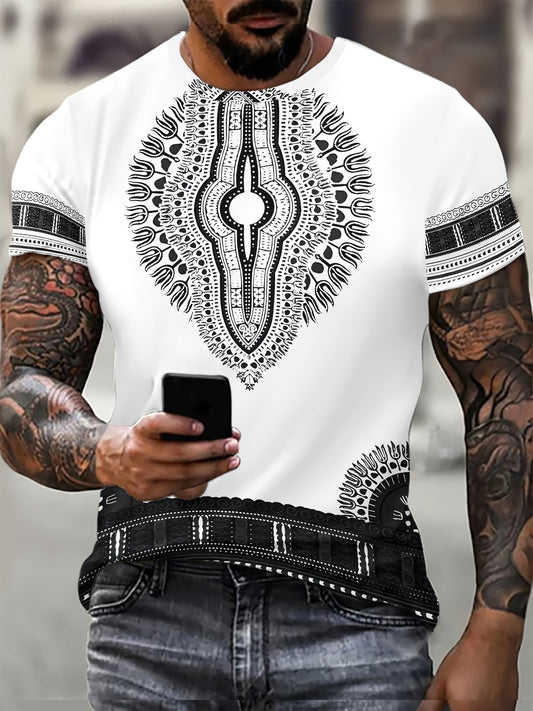 Bohemian Ethnic Style Graphic Pattern T-shirt With Crew Neck And Short Sleeve, Chic And Stylish Comfy Tops For Men's Summer Workout Wear And Vacation Resorts