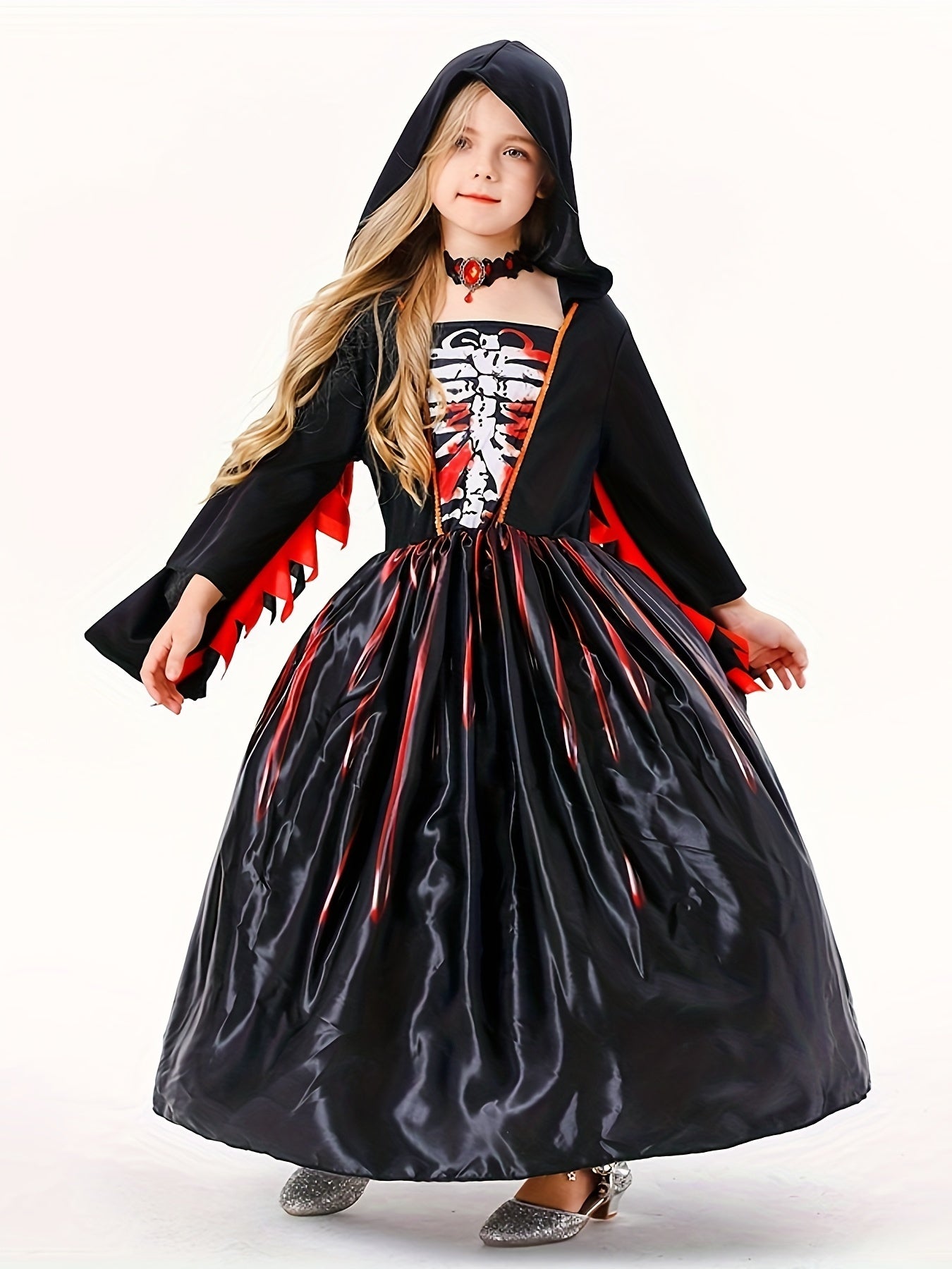 Kids' Halloween Witch Costume - Spooky Black Skull Hooded Long Sleeve Dress with Geometric Pattern, Polyester & Spandex Blend, Machine Washable