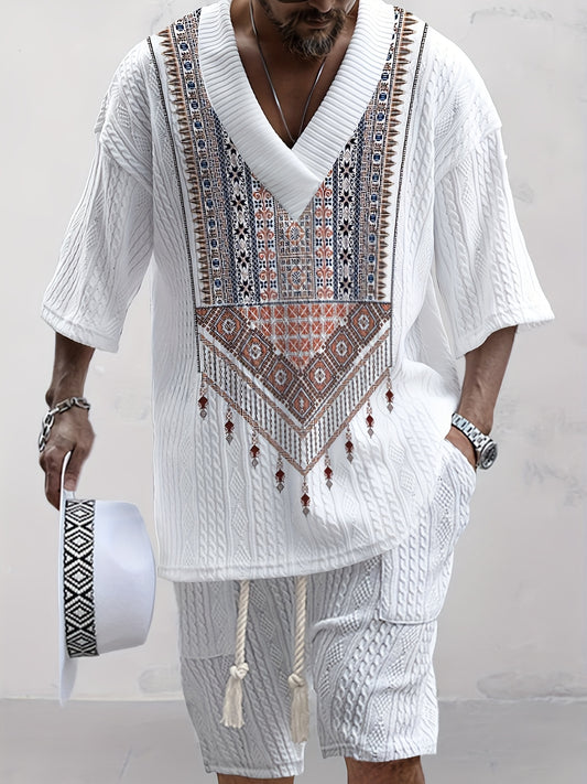 2PCS Plus Size Men's Bohemian Style Pattern V-Neck Short Sleeve Knitted Shirt And Shorts Set - Vintage Style Summer Outfit