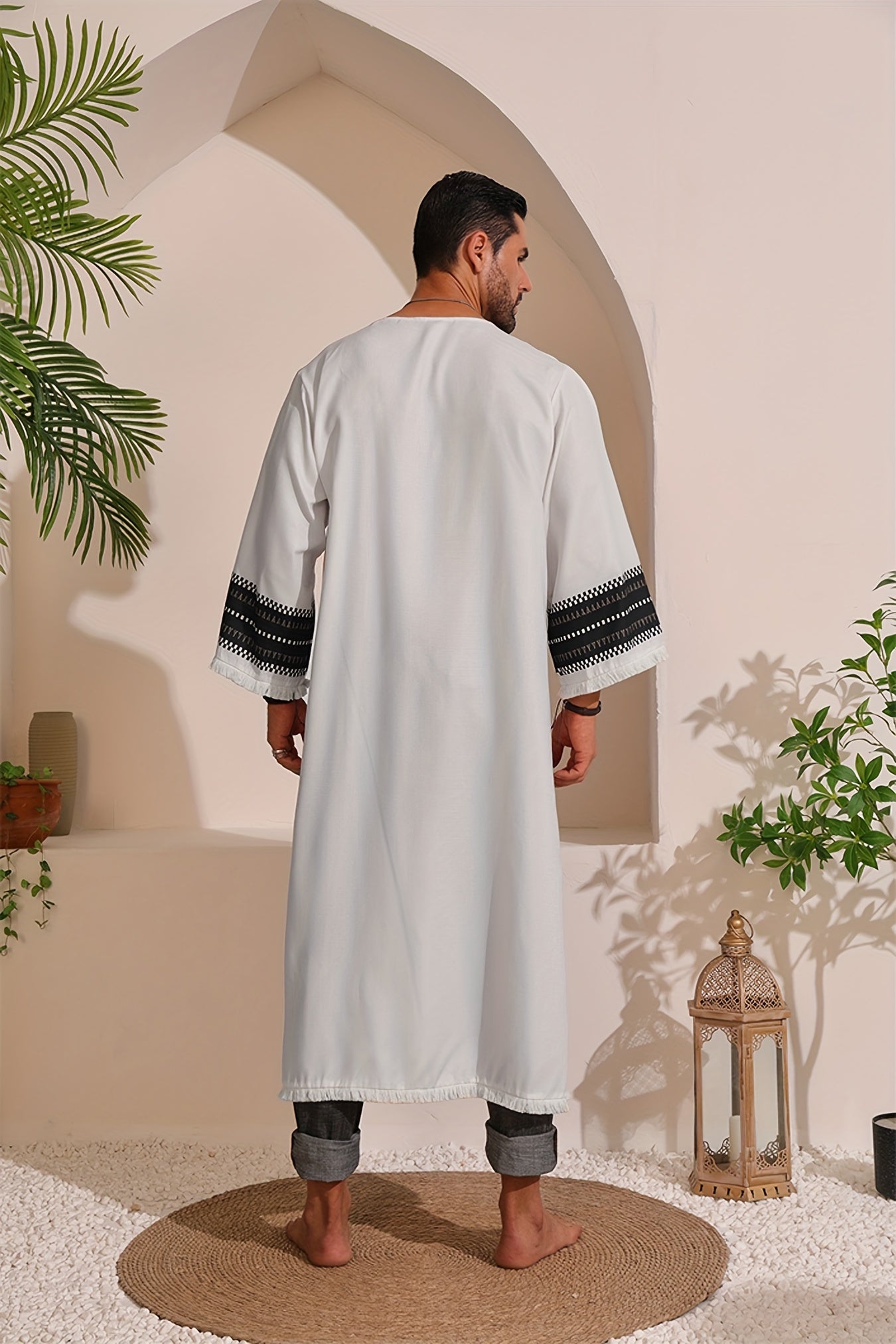 Men's Bohemian Style Linen Robe, Long Sleeve Thin Casual Clothing With Tassuel Design,