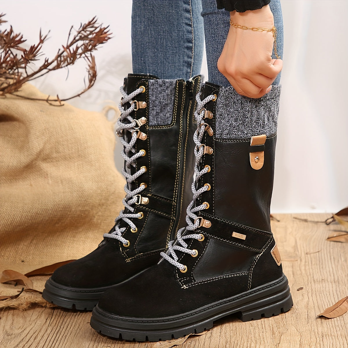 Women's Solid Color Trendy Boots, Lace Up Platform Side Zipper Comfy Mid Calf Boots, Winter Round Toe Knitted Rim Boots