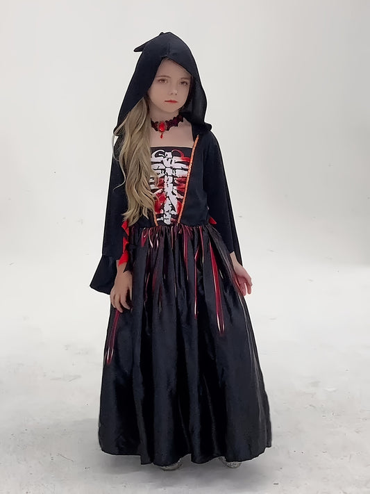 Kids' Halloween Witch Costume - Spooky Black Skull Hooded Long Sleeve Dress with Geometric Pattern, Polyester & Spandex Blend, Machine Washable