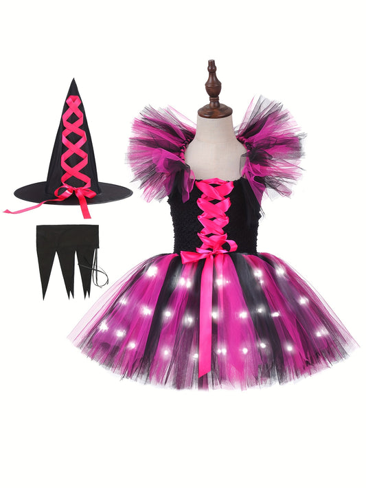 LED Witch Dress for Girls with Hat Halloween Costumes Kids Purple Tutu Dresses Clothes Outfit