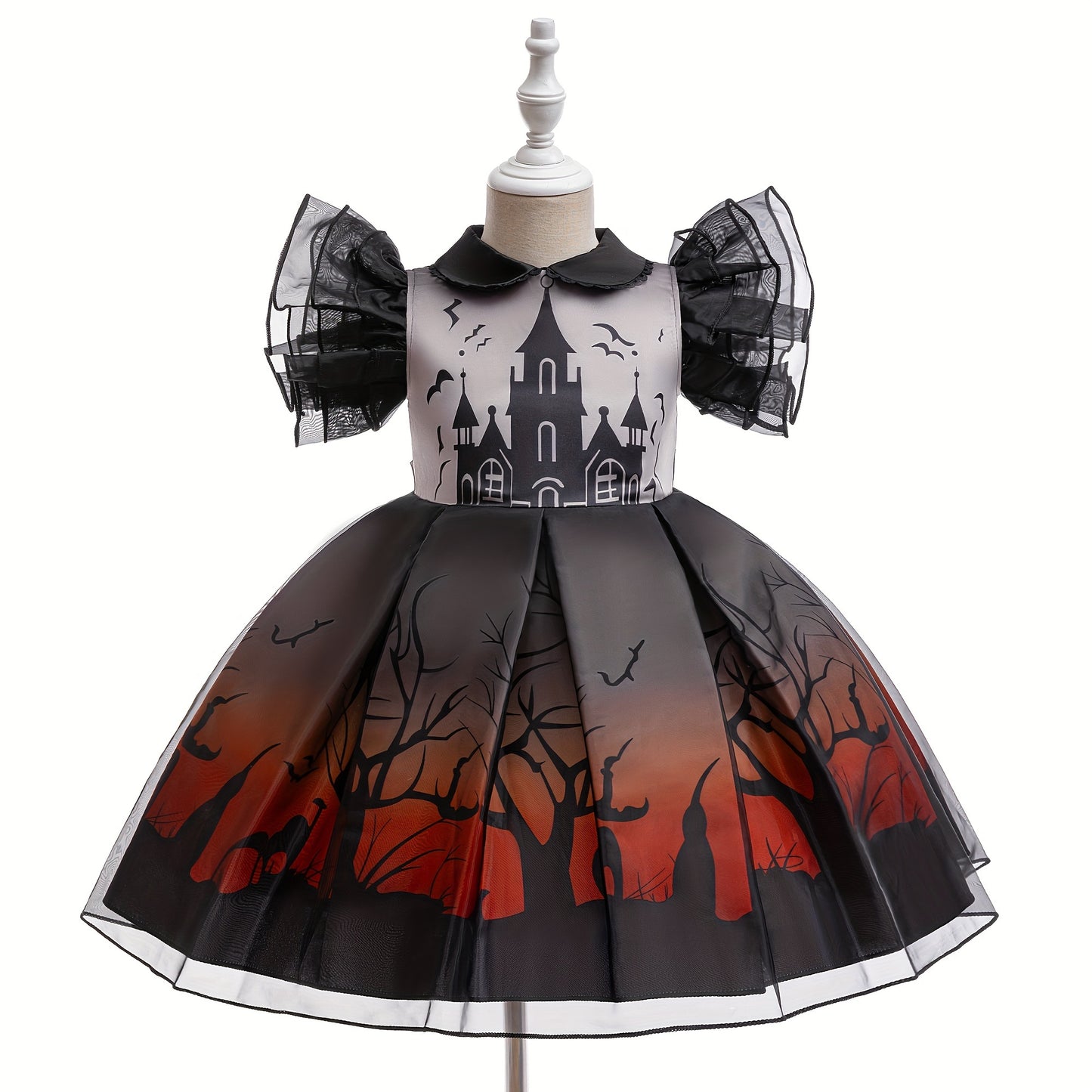 Girls Stylish & Fancy Layered Mesh Sleeve Cartoon House & Trees Pattern Tutu Dress, Halloween Inspired Gown For Party