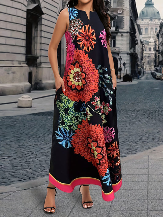 Boho Mandala Print Notched Neck Dress, Vacation Style Sleeveless Loose Maxi Dress For Spring & Summer, Women's Clothing