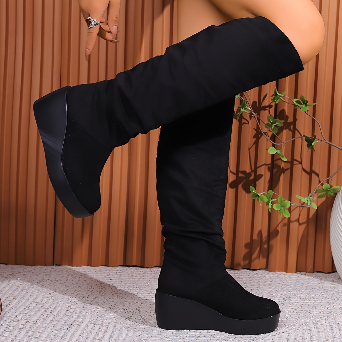 Women's Solid Color Trendy Boots, Slip On Comfy Soft Sole Platform Stacked Boots, Winter High Knee Wedge Boots