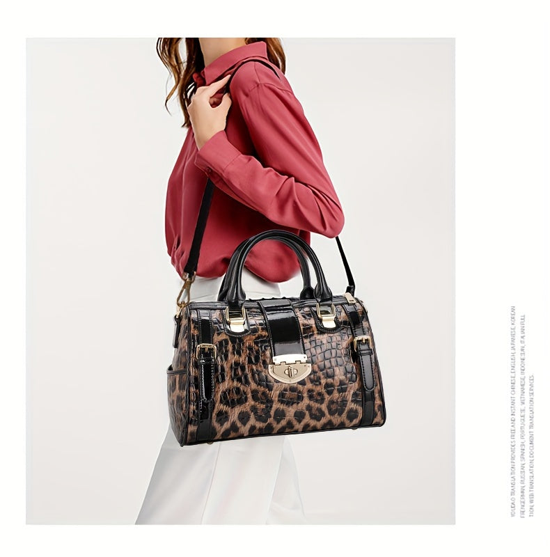 Leopard Print Handbag For Women, Crocodile Pattern Boston Bag, Luxury Genuine Leather Satchel Purse