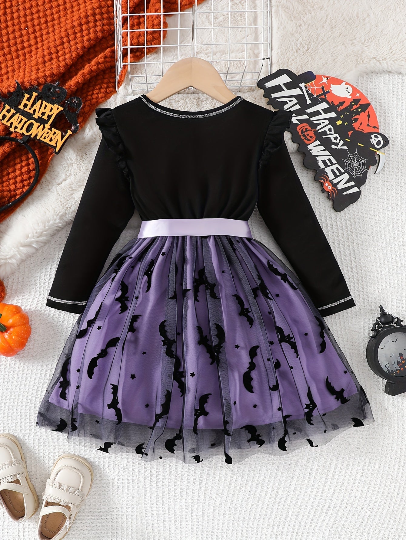 Halloween-themed Girls Mesh Splicing Princess Dress With Ruffled Trim, Perfect For Holiday Parties, With Satin Ribbon Belt