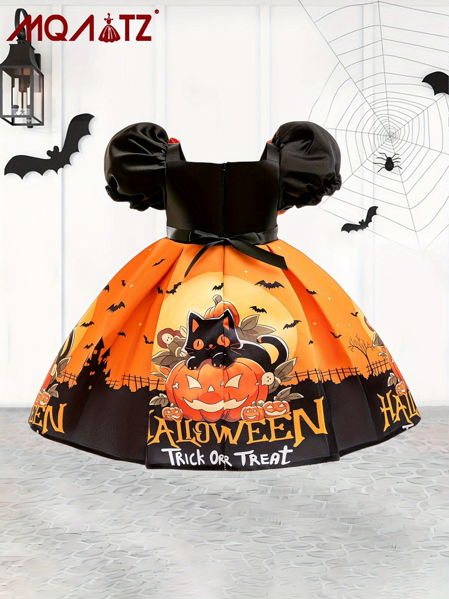 MQATZ Girls' Halloween Pumpkin Print Princess Dress - Short Sleeve, Square Neck, Polyester & Viscose Blend, Perfect for Parties