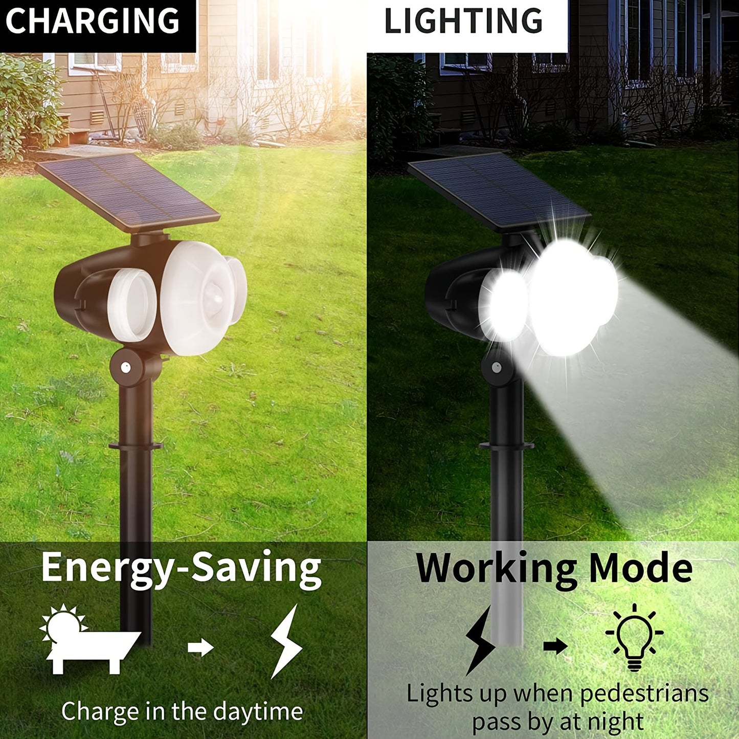 1pc Solar Outdoor Lights 88 LED, Solar Lawn Lights With Motion Sensor, 3 Adjustable Heads, 360° Lighting Wall Lights, Solar Spotlight With 2 Mounting Modes, IP65 Waterproof Solar Security Floodlight For Road Lawn Garage