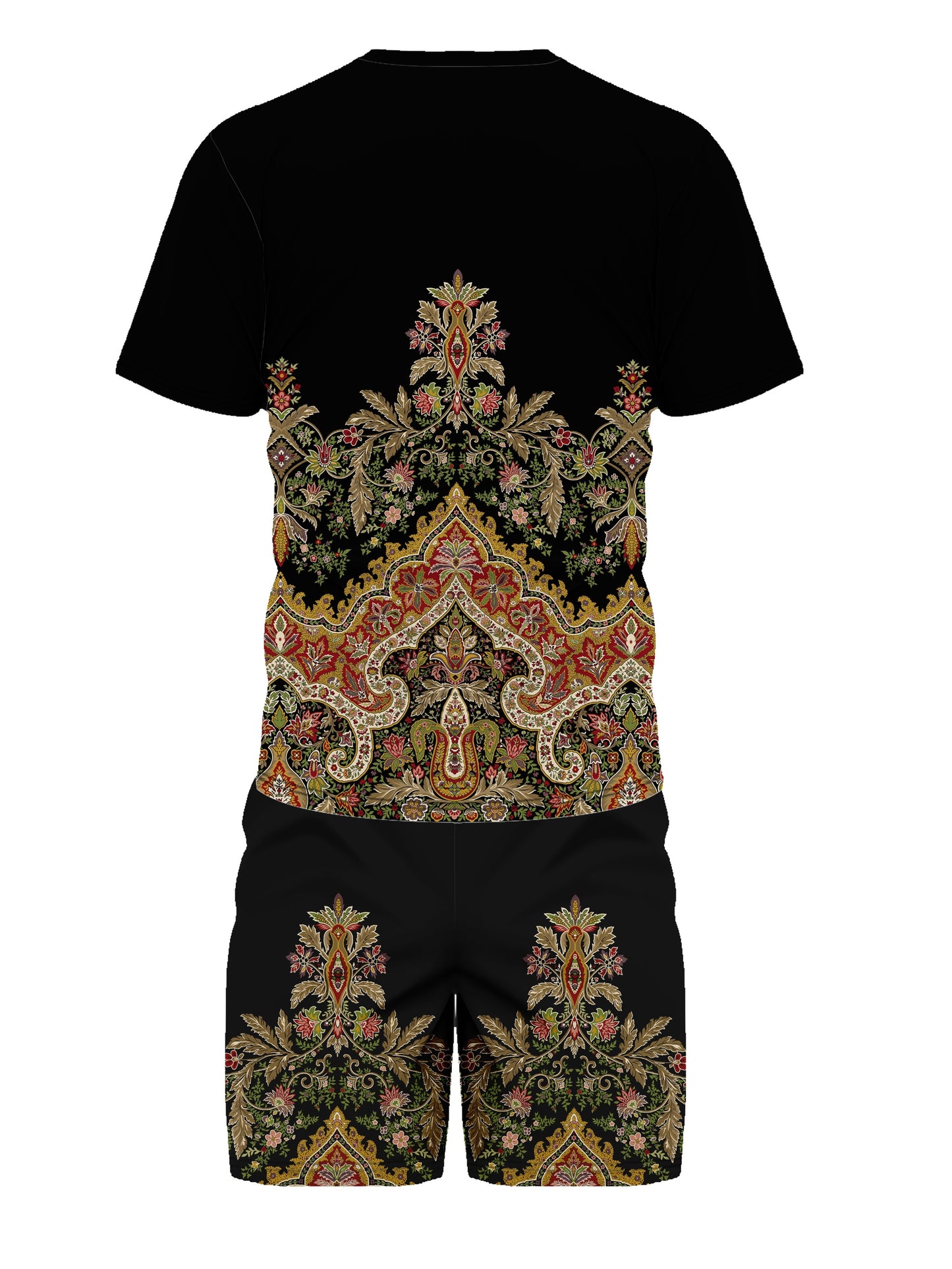 2pcs Men's Bohemian Ethnic Patterns Print Short Sleeve T-shirt + Shorts Co-ord Set, Casual Outdoor Summer Set As Gift