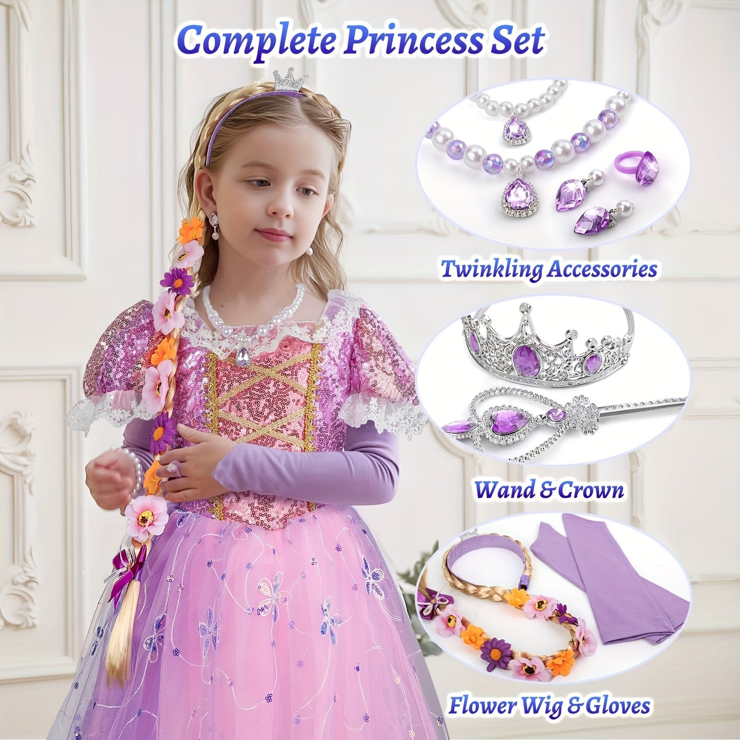 Girls Princess Dress Up 3 4 5 6 7 8, Light Up Dress Costume With Wig, Halloween For Kids Toddler