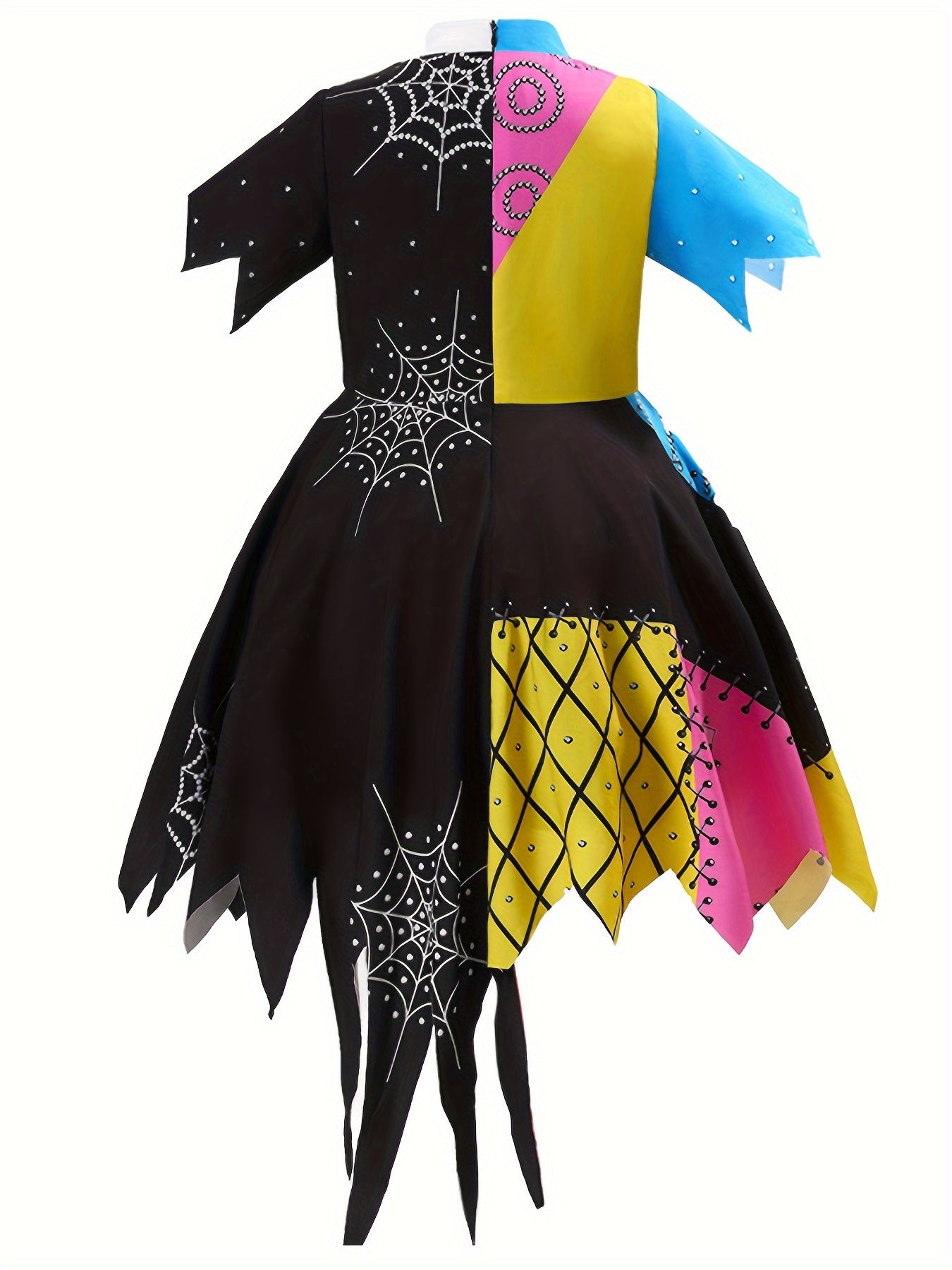 Girls Cartoon Character Dress Up Outfit, Short Sleeve Color Contrast Asymmetrical Hem A Line Dress For Halloween Party