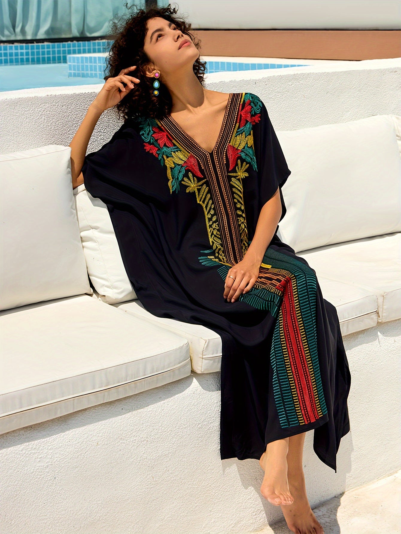 Embroidery Kaftan Dress Women Bohemian House Dress Split Thigh Beachwear Dubai Abaya