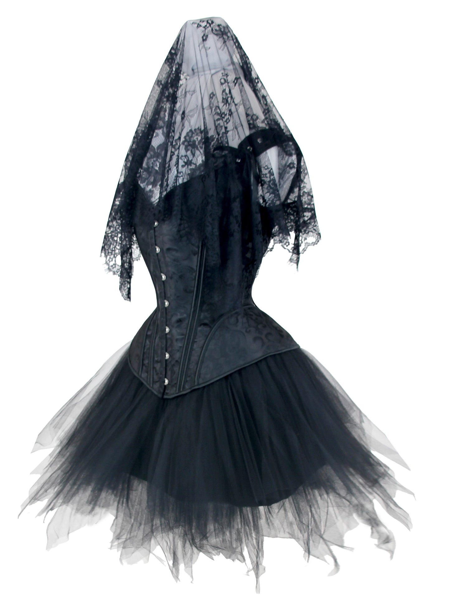 Gothic Vampire Halloween Costume Set, Black Lace Veil Mantilla, Embroidered Corset & Mesh Skirt 3-Piece Set, Black Bridal Cosplay Outfit, Cute Style For Fall & Winter