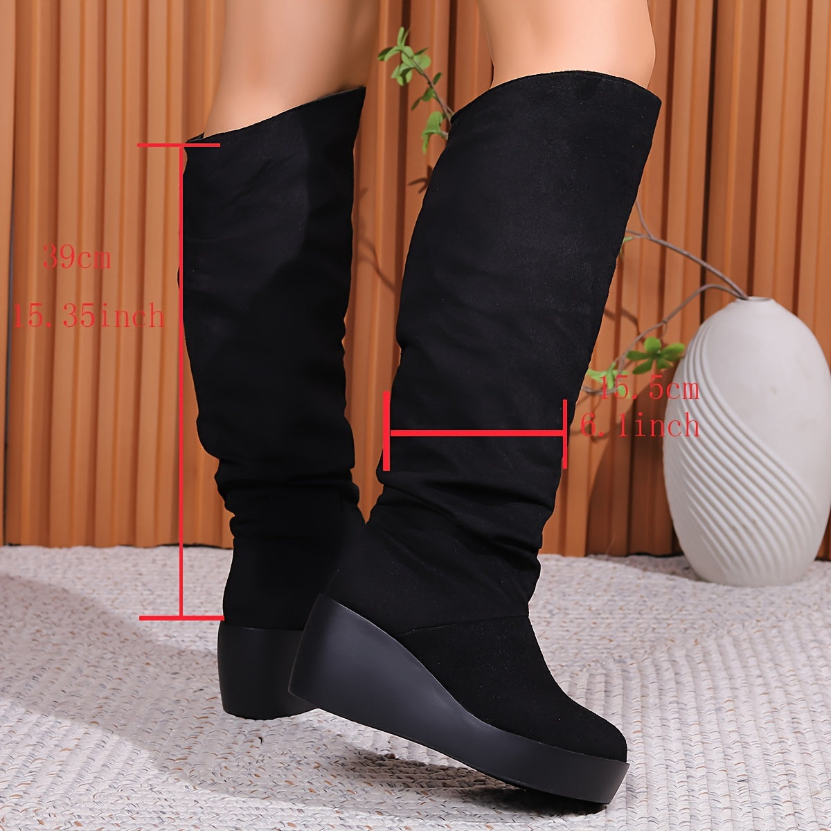 Women's Solid Color Trendy Boots, Slip On Comfy Soft Sole Platform Stacked Boots, Winter High Knee Wedge Boots