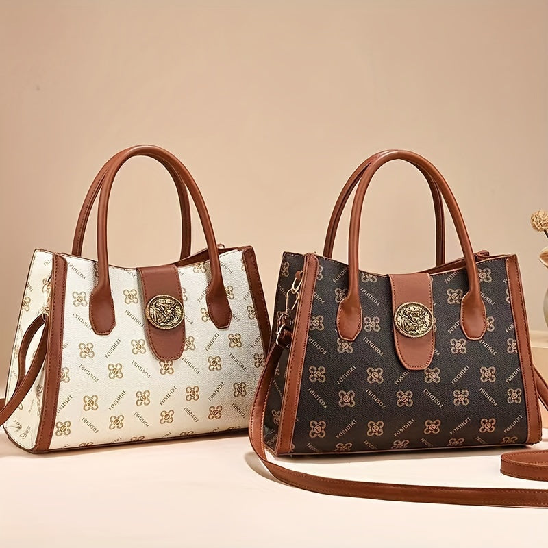 Elegant Women's Tote Bag Set with Geometric Print - Soft Faux Leather, Includes Matching Wallet, Zip Closure, Polyester Lined