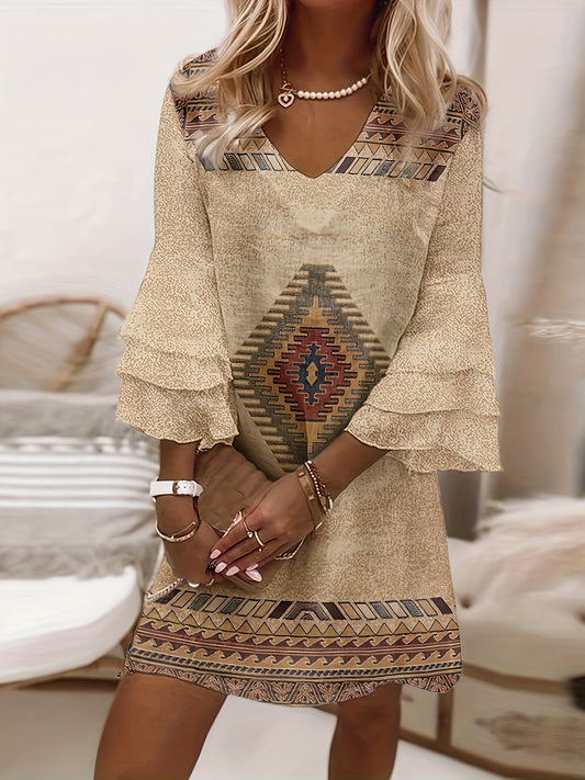 Boho Aztec Print Lounge Dress, Layered Ruffle Trim Bell Sleeve V Neck Dress, Women's Loungewear