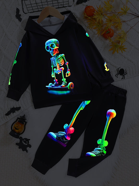 2pcs Boy's Luminous Colorful Skeleton Portrait Pattern Hooded Long Sleeve Pullover + Pants Co-ord Set, Halloween Themed Set For Autumn