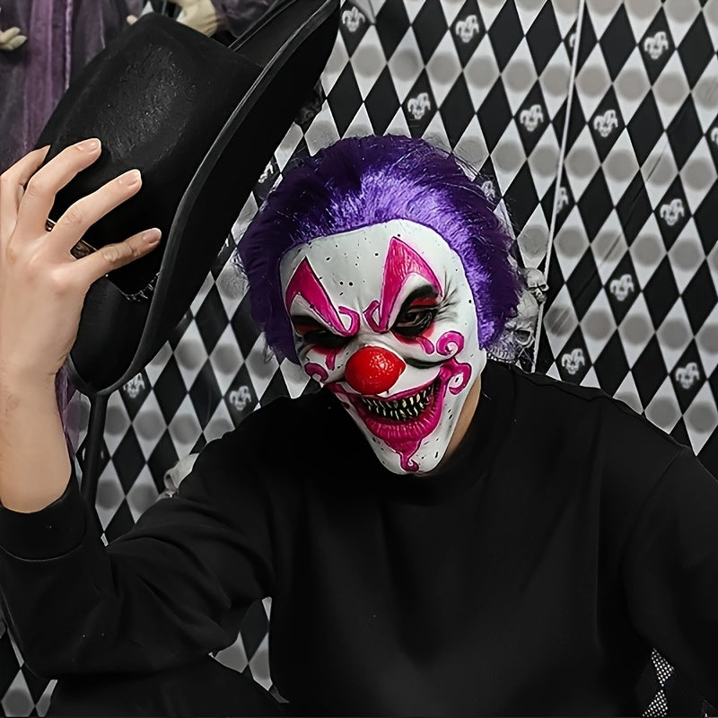 Premium Purple Clown Mask with Wig - Breathable Latex, Stretch Fit for Halloween & Cosplay Parties - Perfect for Pranks & Photo Props, Ages 14+